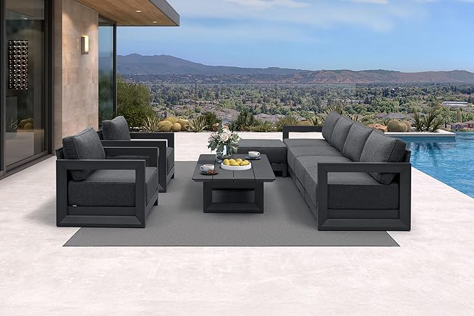 PURPLE LEAF Patio Furniture Set Open-End Outdoor Couch with 9.6" Thick Cushion and Soft Pillows 8 Piece Outdoor Sectional Sofas with Table Modern Outdoor Conversation Sets for Yard Porch Deck, Grey