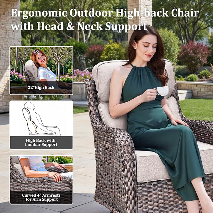 Luxury High Back Patio Furniture Set with Fire Pit Table & 6-Inch Thick Cushions, 5-Pieces Outdoor Furniture w/ 4 Swivel Chairs, Wicker Conversation Set for Porch, Balcony, Deck and Yard, Brown/Beige