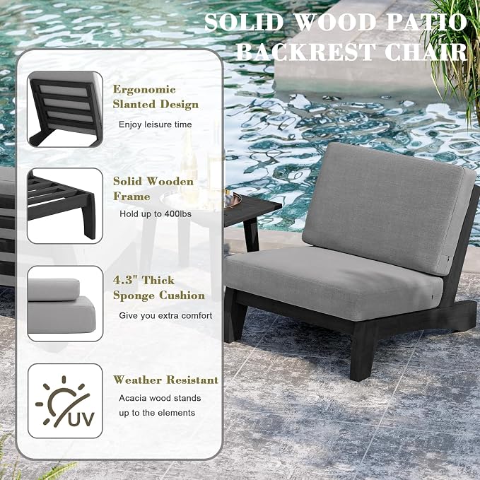 3 Piece Wood Patio Chair Outdoor Bistro Set, All Weather Outdoor Furniture Patio Sofa Chair Backyard Seating Group Conversation Sets with Wooden Side Table, Gray