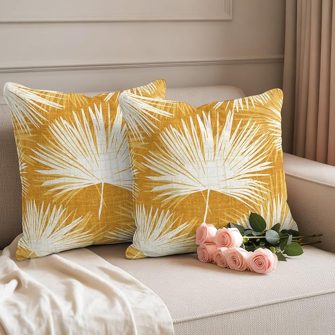 Throw Pillow Covers 18x18 Inch Set of 2, Golden Yellow Palm Leaves Waterproof Outdoor Pillow Covers, Summer Tropical Botanical Decorative Cushion Pillowcases for Couch, Sofa, Bed, Garden, Patio