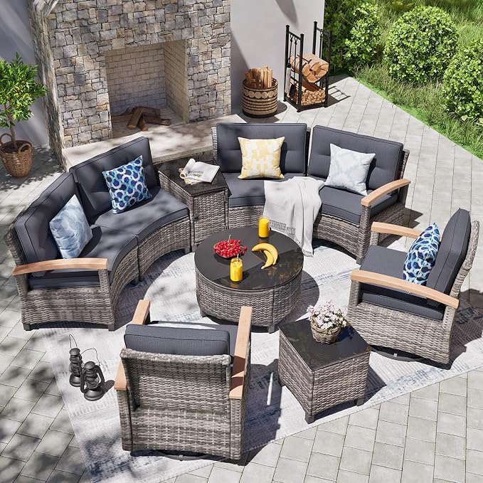 MEISSALIVVE 9 Piece Outdoor Patio Furniture Set, Half-Moon Curved Sectional Set with Wood Armrests, Patio Conversation Set for Porch,Deck,Balcony (Grey)