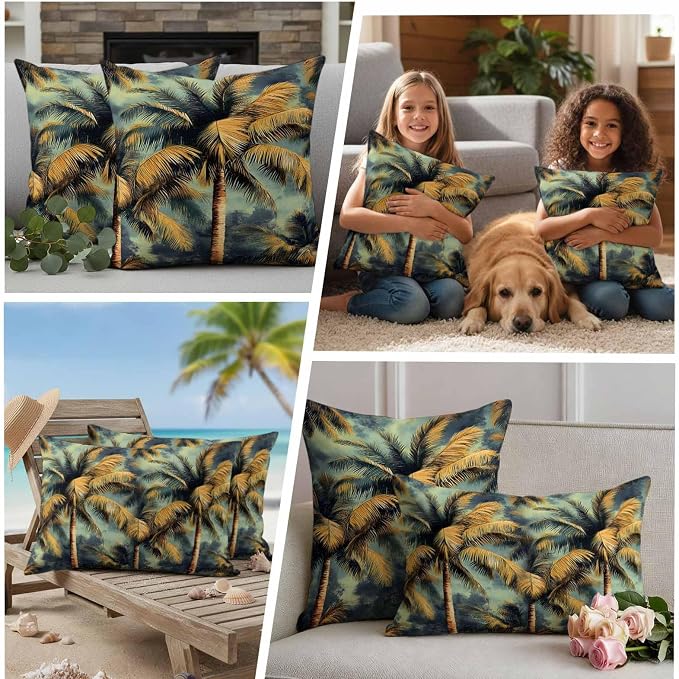 Palm Tree Waterproof Outdoor Pillow Covers Set of 2 Home Decor, Retro Summer Botanical Tropical Plant Leaves Pillowcase Patio Pillow Covers for Couch Bench Furniture Garden 20x20in