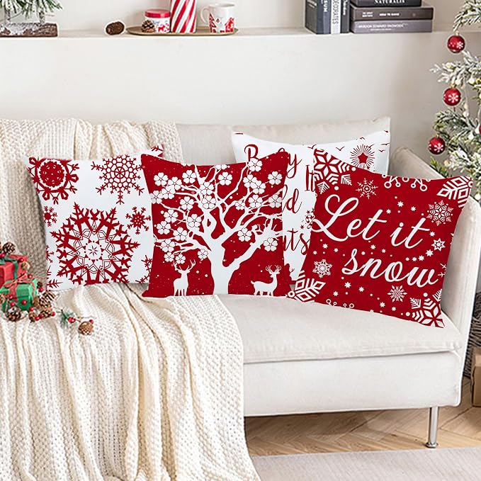 24x24 Pillow Covers Christmas Winter Snowflake Baby It's Cold Outside Bright Red Deer Let It Snow Xmas Soft Velvet Decorative Throw Pillow Covers Cushion Case for Home Sofa Square 24 Inches