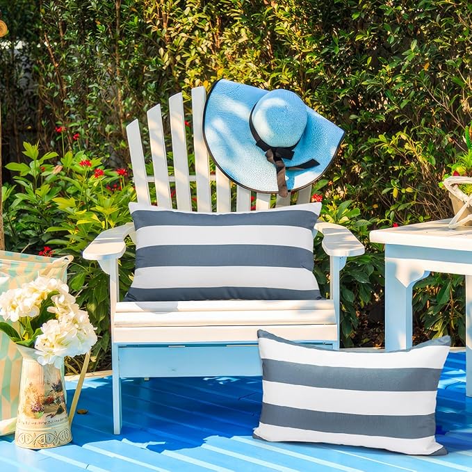 Lewondr 2 Pack Outdoor Throw Pillow Covers, 12"x20", Navy Blue + White | Lumbar Rectangle Stripe, Waterproof, For Outdoor Patio Porch Farmhouse Garden Balcony Couch, 30x50cm