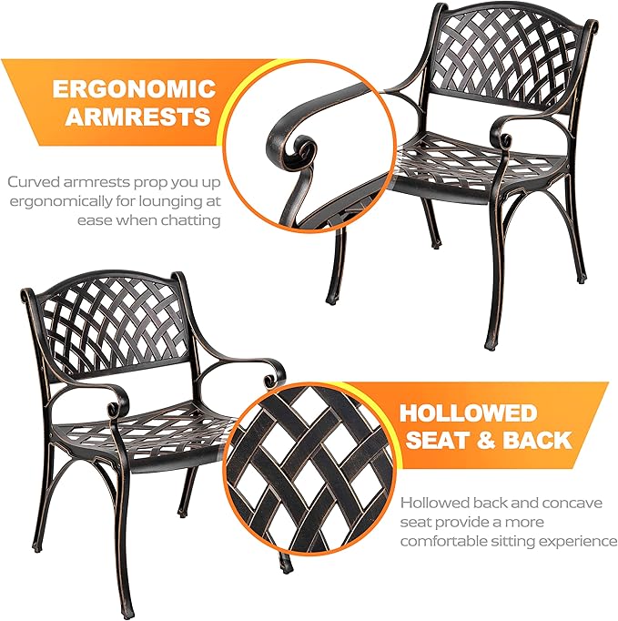NUU GARDEN 5 Piece Outdoor Patio Dining Set, Cast Aluminum Round Dining Table with Umbrella Hole and Patio Dining Chairs for Patio, Garden, Backyard, Balcony, Black with Gold-Painted Edges