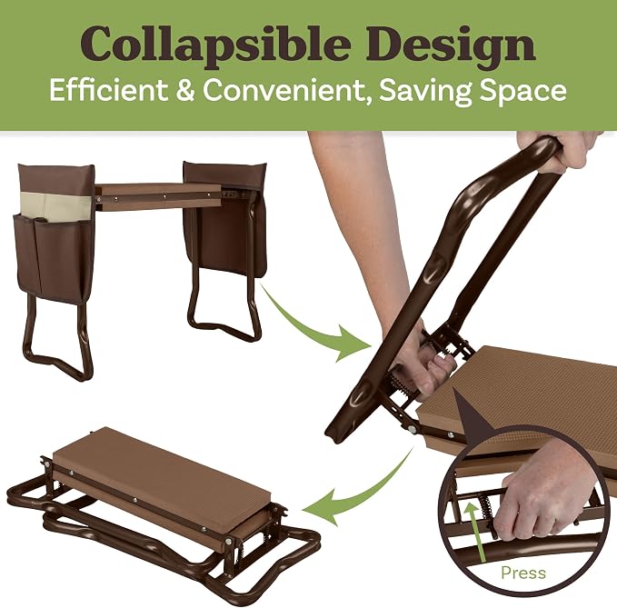 Pure Garden Garden Kneeler and Seat - 2-in-1 Foldable Garden Kneeling Pad and Stool with Removable Pockets for Gardening Tools - Gardening Gifts for Women, Mom, Dad, Seniors or Grandparents (Brown)