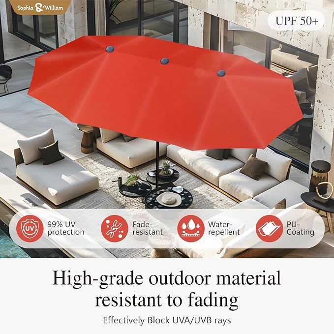 Sophia & William 7 Pieces Outdoor Dining Set with 13ft Red Patio Umbrella, Patio Metal Table and Rattan Chairs Set for 6 People, Patio Dining Set with Cushions & 1.6" Adjustable Umbrella Hole