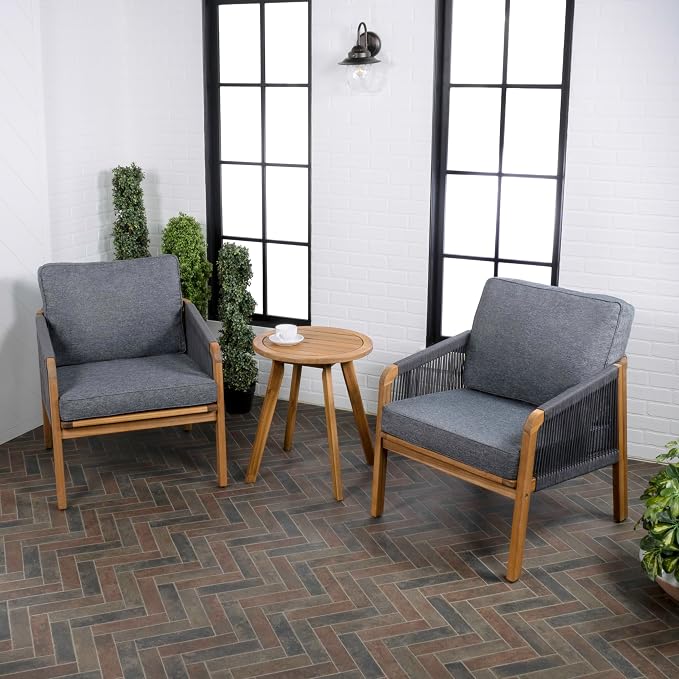 JONATHAN Y Aveiro Coastal 3-Piece Acacia Wood Outdoor Patio Conversation Set, Rope Woven Chairs with Cushions and Round Side Table for Backyard, Porch, Garden, Teak Brown/Gray LVG1203B-3SET