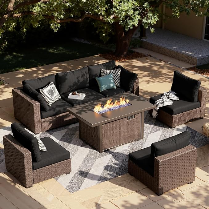 7-Pieces Patio Furniture Sets Outdoor Sectional Sofa with 44'' Propane Rattan Wicker Firepit Table, Patio Sectional Conversation Set with Cushions for Backyard, Poolside, Garden Black