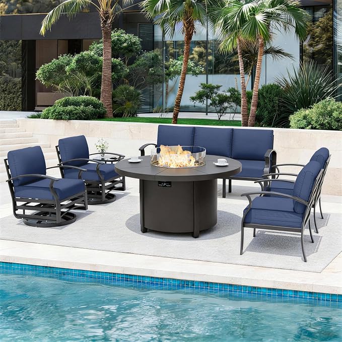 ALAULM Aluminum Patio Furniture Set with Coffee Table Rectangular, 5-seat Outdoor Sectional Furniture w/2 Swivel Chairs, Patio Conversation Set for Porch, Backyard, Poolside-Grey