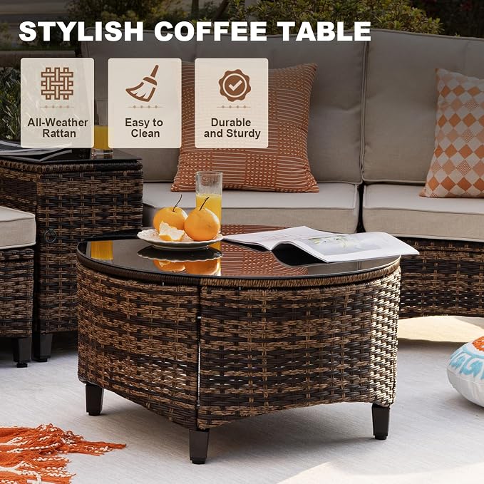 MEISSALIVVE 8 Piece Outdoor Patio Furniture Set, Half-Moon Curved Sectional Set with Wood Armrests, Patio Conversation Set for Porch,Deck,Balcony (Beige)
