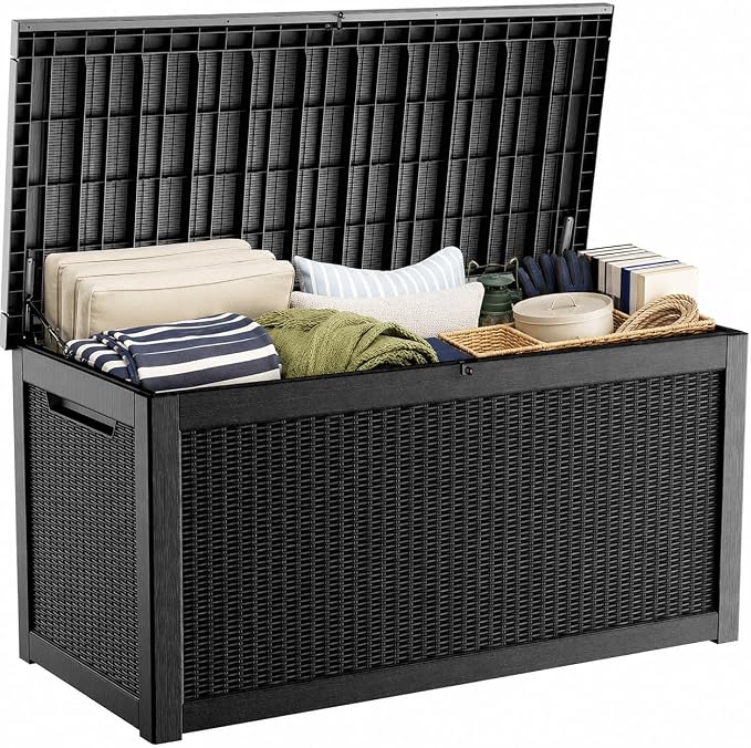 Outdoor Deck Patio Storage Box - 325 Gallon Extra Large Resin Wicker Yard Storage Bin with Lid for Furniture Cushions, Pool Floats, Garden Tools & Outside Toy Storage, Black