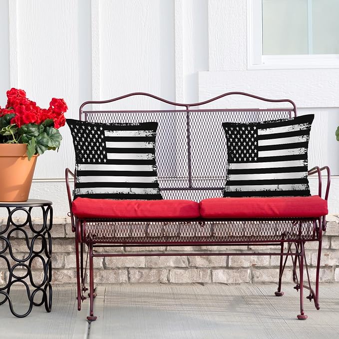 Swono Retro American Flag Decorative Throw Pillows Covers, Grunge USA Flag Square Pillow Cushion Covers for Man Woman, Pillowcases Decor for Home Sofa Bed Garden 2 Packs 18x18 Inch, Black White