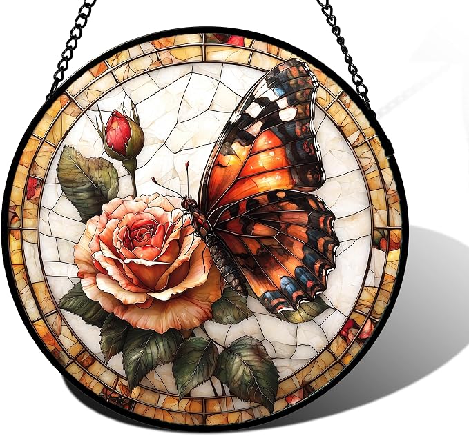 DASTOLL Stained Glass Window Hanging, Butterfly Picking Flowers Suncatcher for Doors Home Sun Catchers Decoration and Christmas, Mother's Day Birthday Gifts for Women, Men, and Mom 7.8 in