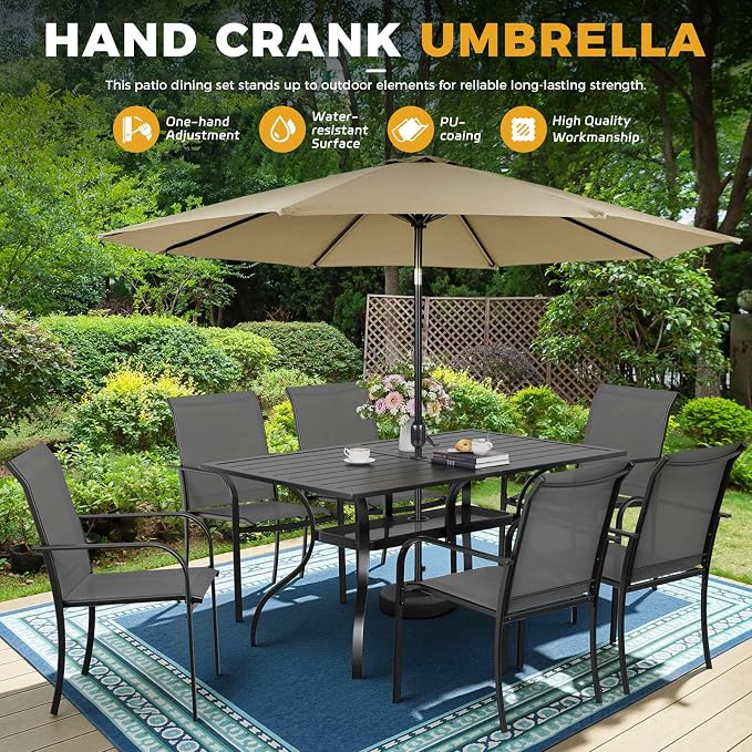 7-Piece Patio Dining Set with Umbrella,6 Person Outdoor Table and Chairs Set, 6 Metal Dining Chairs and Rectangular Outdoor Table with 1.57" Umbrella Hole,Grey