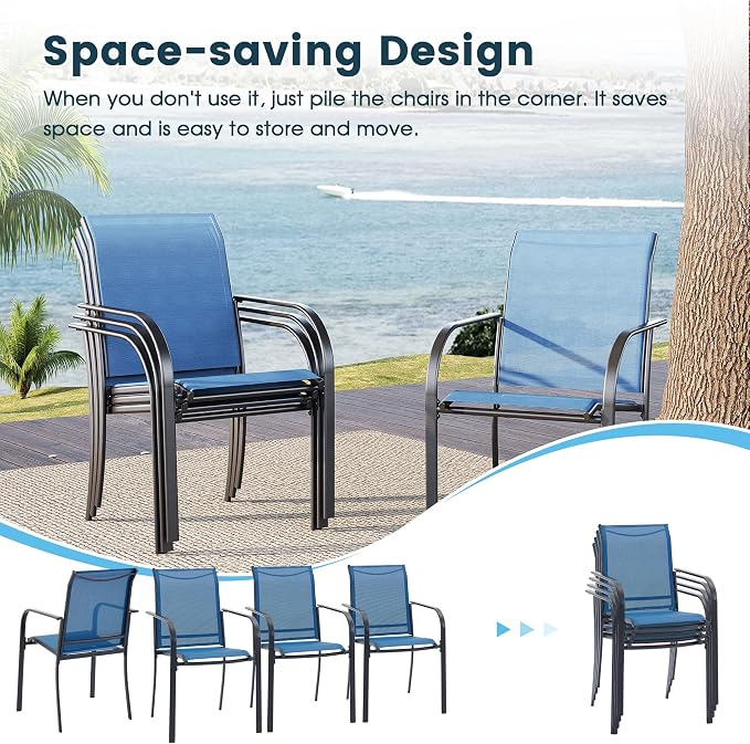 5 Pieces Patio Dining Set, 38" Square Dining Table with Umbrella Hole, 4 Stackable Textilene Fabric Chairs, Metal Structure for Patio, Porch, Garden(Black Table, Blue Chair)