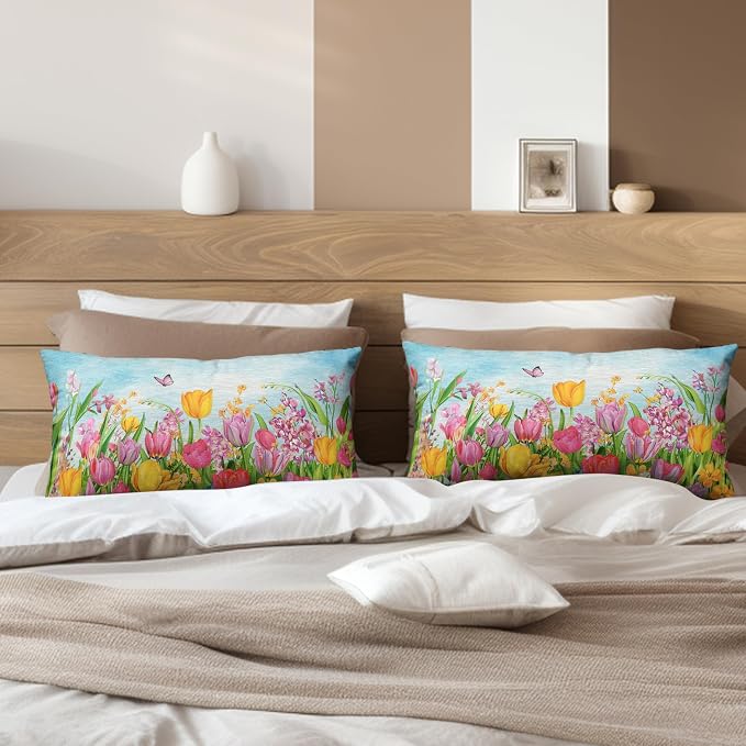 Tulip Lumbar Pillow Covers 12x20 Set of 2 Spring Throw Pillow Covers Pink Yellow Tulip Floral Outdoor Pillowcase Watercolor Cotton Linen Cushion Case for Sofa Outdoor Patio
