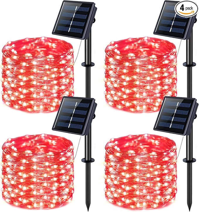 JMEXSUSS 4 Pack Solar Fairy Lights, 100 LED 33FT Red Halloween Lights | Outdoor Waterproof, 8 Modes Copper Wire Solar String Lights for Outside Patio Yard Garden Christmas Halloween Decorations