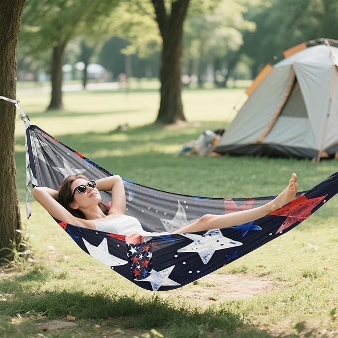 4th of July Independence Day Red and Blue Stars 330lb Capacity Outdoor Hammock with Hanging Rope Portable Hammock for Outside Patio Backyard Poolside hamaca de Algodon para Jardin