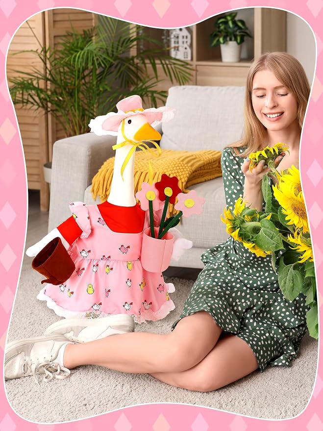 Outus Gardener Goose Outfits Set Includes Lace Pink Apron Sun Hat Small Flower Pot and a Tiny Watering Can Funny Goose Porch Clothing for Spring Outdoor Garden Yard Patio Lawn Statue