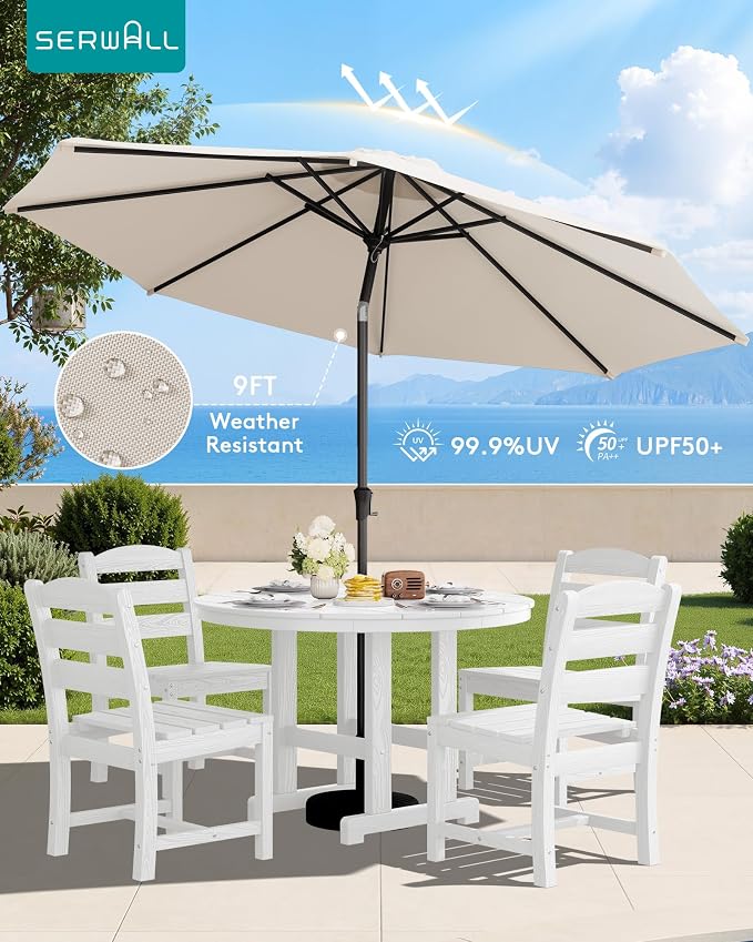 SERWALL 6-Piece Patio Dining Sets, HDPE Outdoor Table and Chairs Furniture Set with Umbrella, 45" Round Dining Table & 4 Armless Dining Chairs & 1 9FT Umbrella, White(Not Include Umbrella Base)