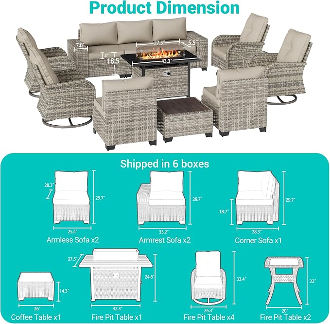 13-Piece Outdoor Patio Furniture Set with Rocking Swivel Chair, PE Wicker Rattan Sectional Sofa Patio Conversation Set with 55,000 BTU Fire Pit Table & Coffee Table, Sand