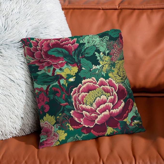 Chinoiserie Red Peony Floral Pillow Cover Green and Pink Cushion Cases 18x18 INModern Accent Outdoor Garden Decoration for Patio Furniture Porch