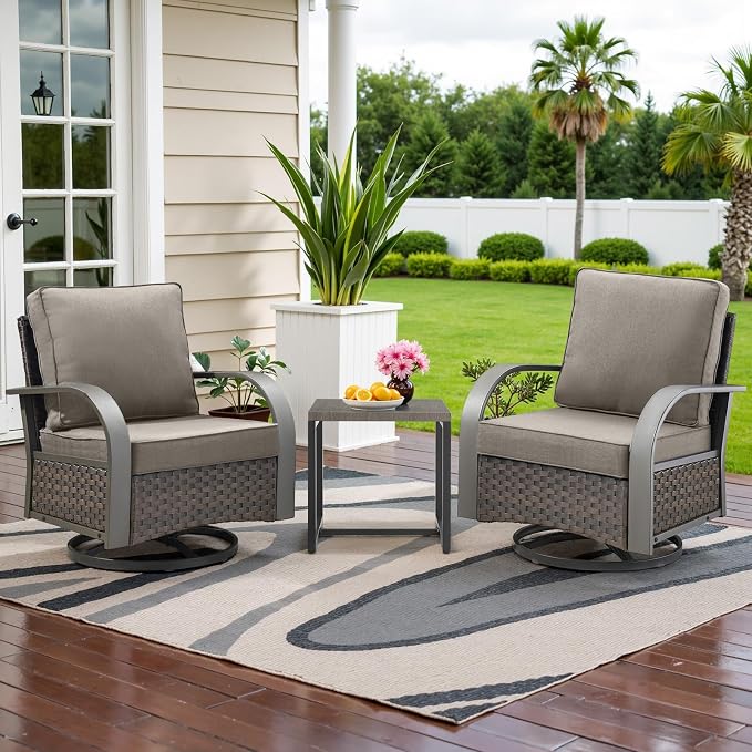 Belord Outdoor Swivel Rocker Patio Chairs Set of 2, 3 Piece Wicker Patio Bistro Set with Metals Side Table and Comfort High Back 4" Cushion Outdoor Patio Glider Chair for Balcony Deck Porch