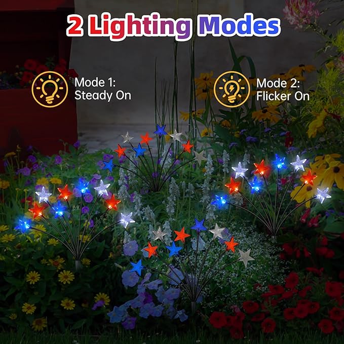 Lewondr 4th of July Decorations Solar Garden Lights, Fourth of July Red White and Blue Star Solar Lights Outdoor, Waterproof Patriotic Decor with 9 LED 2 Lighting Modes for Independence Day, 4 Pack