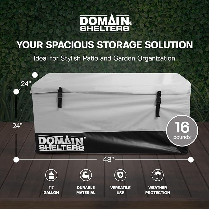 Domain Shelters 117 Gallon 4 x 2 x 2 Foot Outdoor Patio Backyard Garden Storage Container Deck Box w/Removable Weather Bars & Clip Buckles, Gray/Black