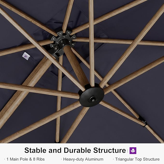 PURPLE LEAF 11FT Patio Umbrella Square Cantilever Umbrella Teak Finished Aluminum Frame Large Windproof Offset Outdoor Sun Umbrellas for Beach Pool Deck, Navy Blue