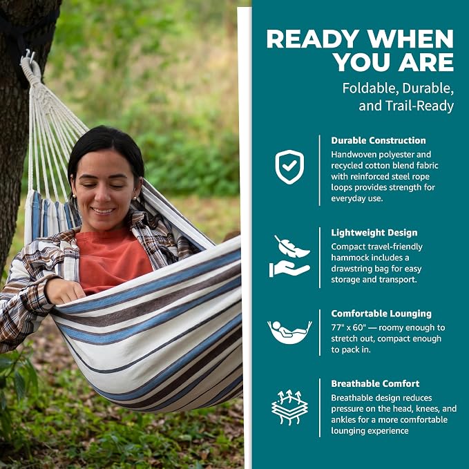 Bliss Hammocks 60" W Double Outdoor Hammock with Hand-Woven Rope Loops & Tree Straps, Patio, Durable, Cotton/Polyester, 265 Lbs Capacity, Sunday Volleyball Stripe