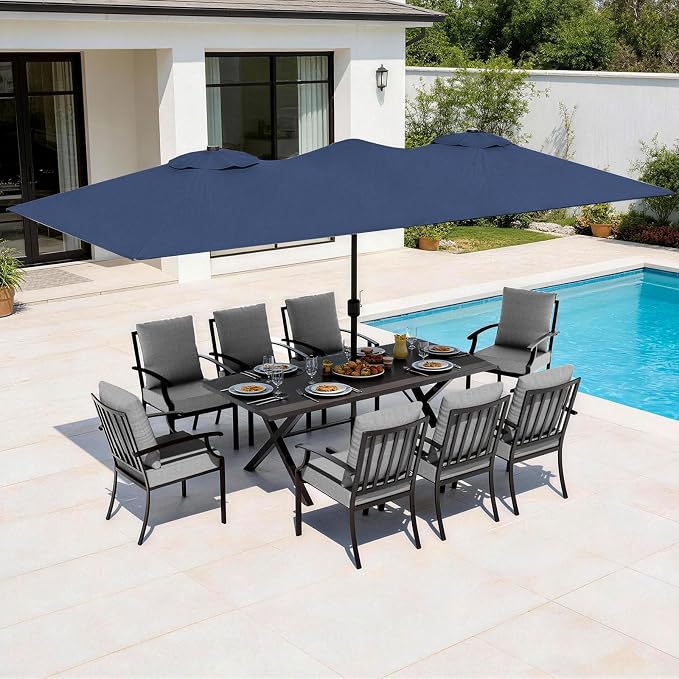 10-Pieces Patio Conversation Set,Metal Outdoor Furniture Set Includes 13.6FT Navy Umbrella,Hole Cut-Out 78.7" x 35.4" Table and 8 Metal Backrest Chairs for Backyard,Garden,Grey