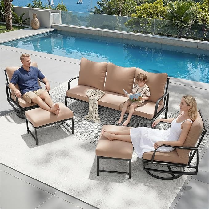 Soohow Patio Furniture Set, 5 Piece Outdoor Patio Furniture Set, 2 x Outdoor Swivel Chair, 1 x 3-Seats Sofa and 2 x Ottoman, Metal Conversation Set for Porch, Balcony, and Backyard