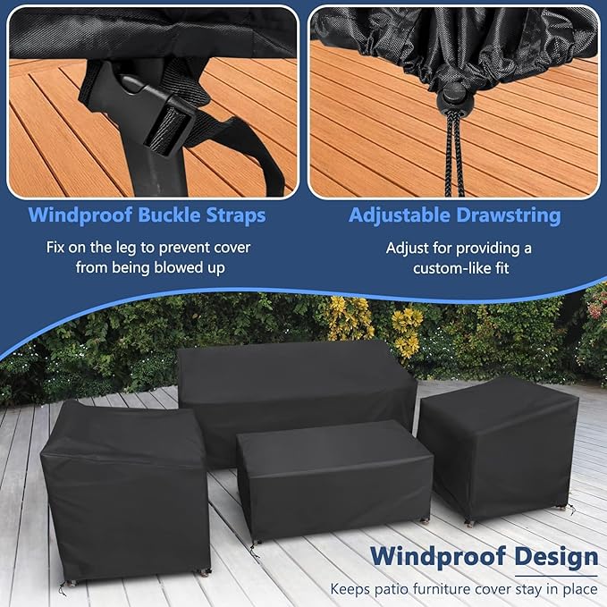 STARTWO Patio Furniture Covers 4 Piece Set, Heavy Duty Waterproof Outdoor Furniture Cover for Rattan Wicker Conversation Set,Black,Large