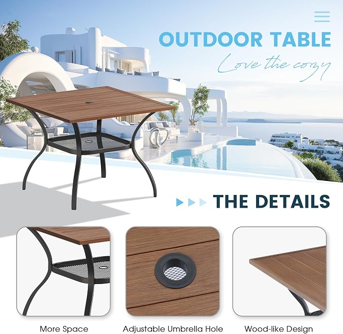 5 Pieces Outdoor Patio Dining Set, 37.8" All Weather Square Metal Table with Umbrella Hole and Storage Shelf, 4 High Back Textilene Swivel Chairs for Garden, Lawn, Walnut Table & Brown Chairs
