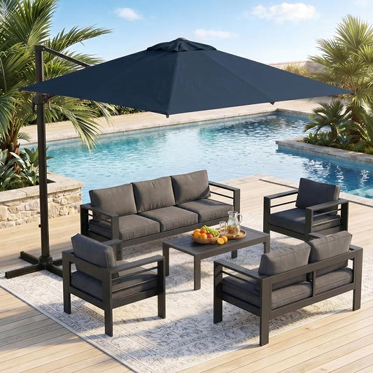 Wisteria Lane 5 Pieces Aluminum Patio Furniture Set with Umbrella, All Weather Oversized Outdoor Furniture Set with Deep Seat and Back Cushion, Patio Conversation Sets with Wide armrest, Gray & Navy