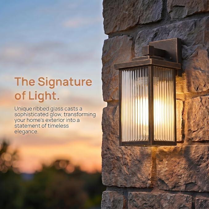 13" Black Brush Gold Outdoor Wall Light, All-Metal Frame Porch Light | Textured Glass Softens Glare, Stays Bright. Dual-Tone Rust-Resistant Metal. Pre-Assembled DIY Install. For Porch, Garage