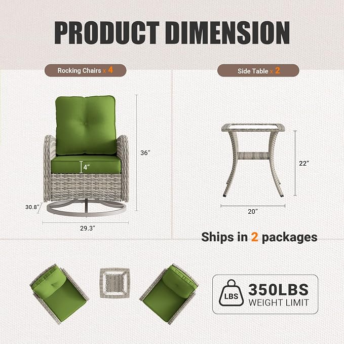 6-Piece Patio Rocking Swivel Chair Outdoor Wicker Rattan Bistro Set with Tempered Glass Side Table, Outdoor Patio Furniture Set for Garden, Deck, and Balcony, Avocado Green