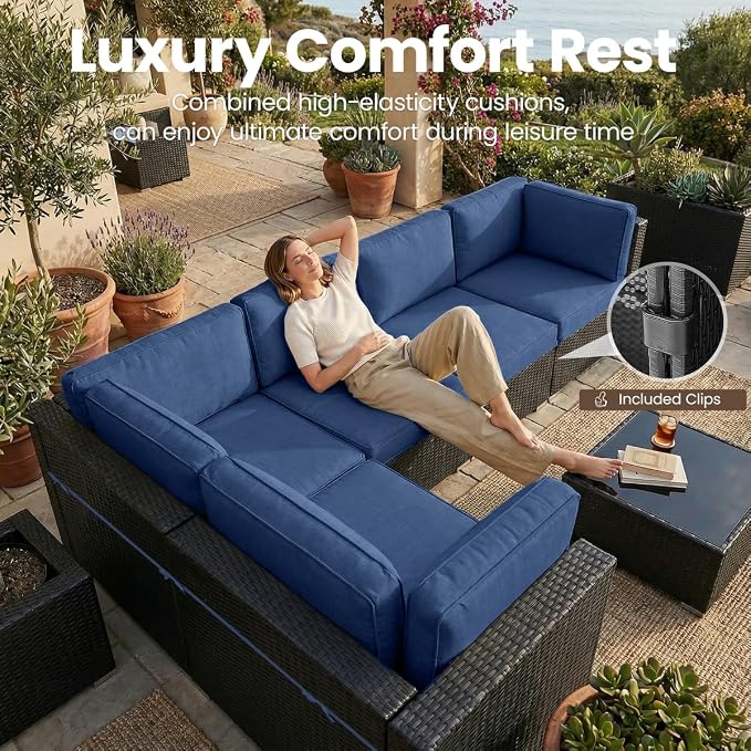 6 Pieces Patio Furniture Set with 44" Propane Gas Fire Pit Table, Outdoor Sectional Wicker Conversation Sofa Sets with Coffee Table
