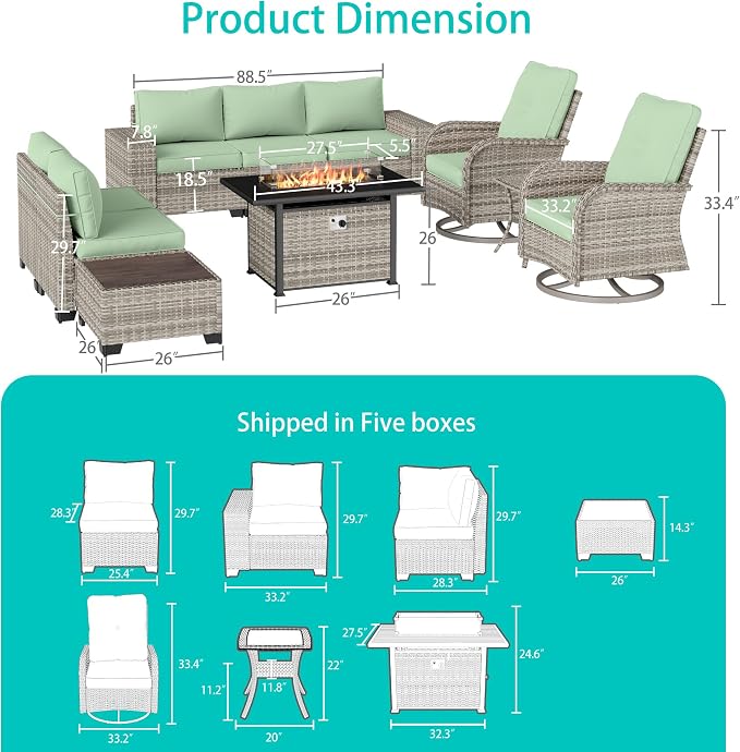 10-Piece Outdoor Patio Furniture Set with Rocking Swivel Chair, PE Wicker Rattan Sectional Sofa Patio Conversation Set with 55,000 BTU Fire Pit Table & Coffee Table, Light Green