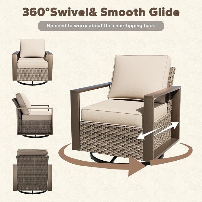 Outdoor Swivel Rocker Patio Metal Chairs Set of 2 - Porch Furniture 2 Pieces 360 Degree Glider Rockers Rattan Chairs with Washable Cushion & Metal Steel Rectangular Framed Armrest, Beige