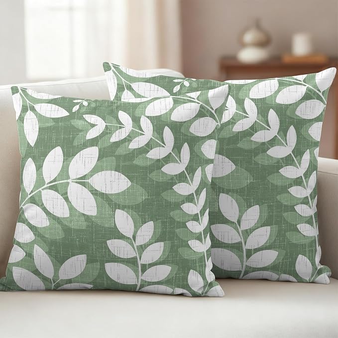 Green Leaves Outdoor Waterproof Throw Pillow Covers 26x26 Set of 2, Farmhouse Botanical Branch Vintage Boho Leaf Decorative Pillowcases Cushion Pillowcase for Couch Sofa Patio Outside Pillow Protector
