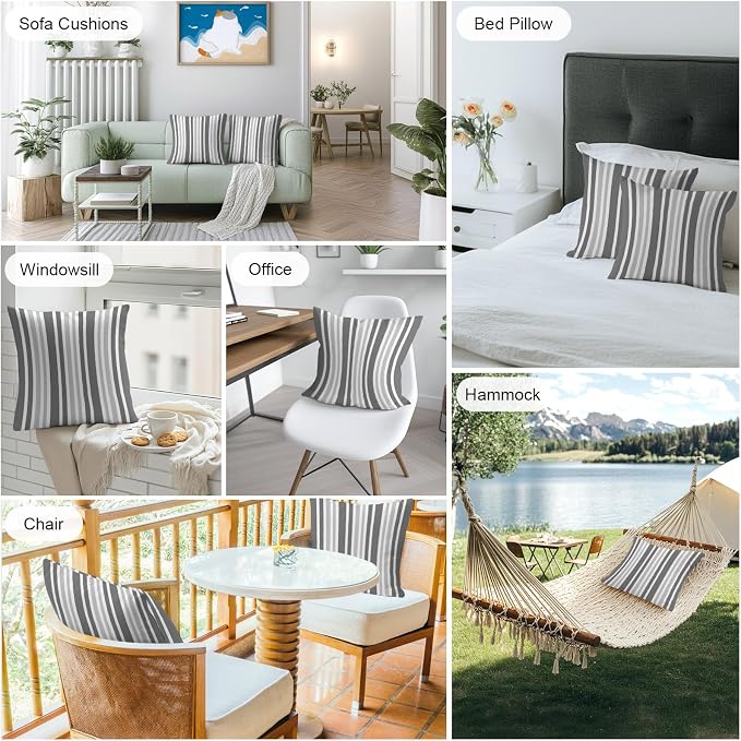 Grey Stripe Outdoor Pillow Covers 16x16 Inch Throw Pillow Covers Set of 2 Waterproof Decorative Pillow Cases Farmhouse Minimalist Striped Cushion Covers for Patio Furniture Garden Couch Sofa