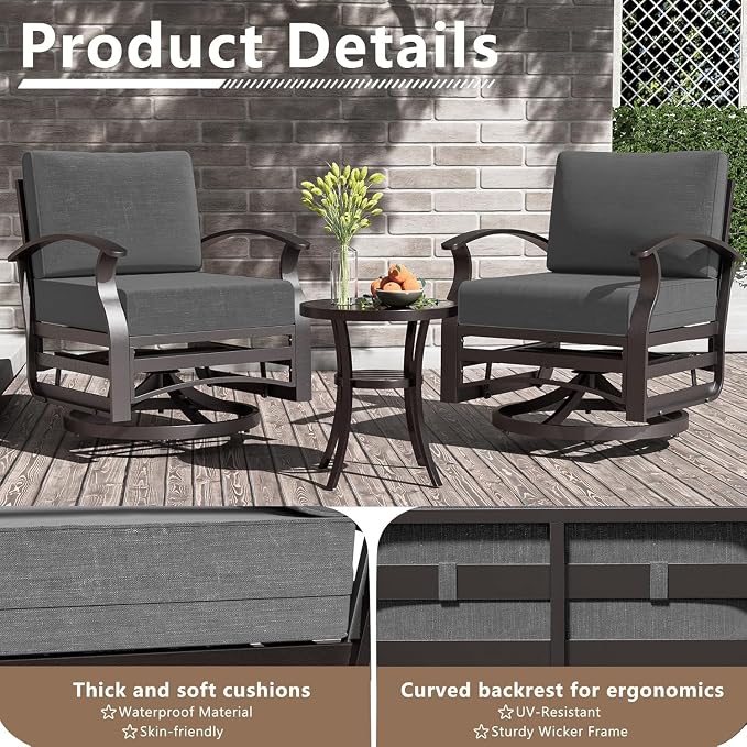 Patio Furniture Set 3-Piece Aluminum Armrest Sofa, All-Weather Patio Conversation Set with Tempered Glass Top Table & Removable Sponge Cushions for Backyard Poolside - Grey
