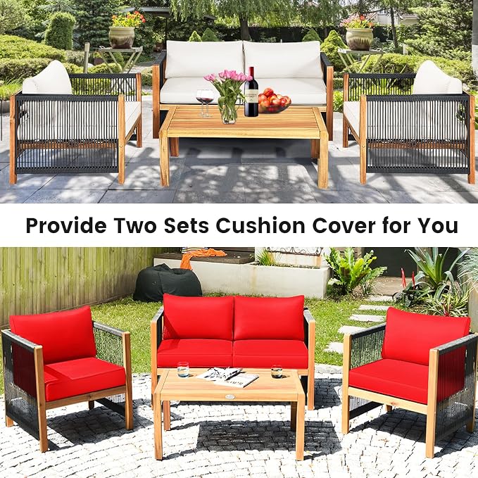 Tangkula Outdoor Wood Furniture Set with 2 Set Cushion Covers, 4 Pieces Cushioned Patio Conversation Set, for Garden Balcony Poolside Outdoor Living (1, WH-RE)