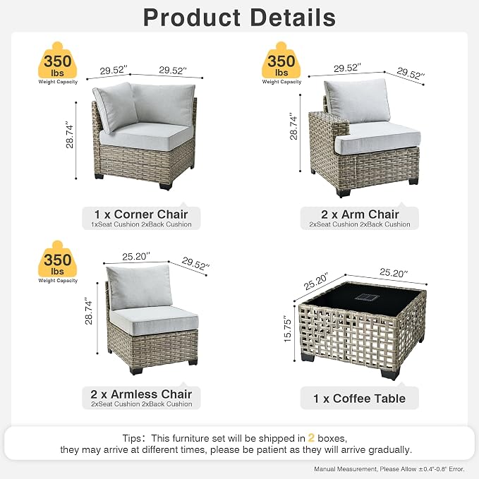 WEAXTY 6 Pieces Patio Furniture Set, Outdoor Sectional Sofa Couch with Solar Coffee Table, All-Weather Outside Furniture Patio Conversation Sets for Backyard Porch Balcony (Gray)