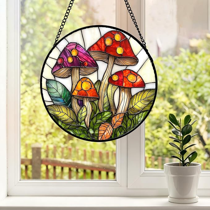 DASTOLL Stained Glass Window Hanging, Mushroom Leaves Suncatcher for Doors Home Sun Catchers Decoration and Christmas, Mother's Day Birthday Gifts for Women, Men, and Mom 7.8 in