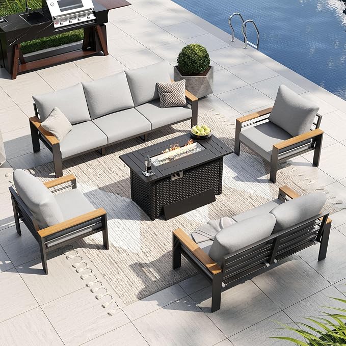 Aoxun Patio Furniture Set, Aluminum Patio Set with Fire Pit Table and 5" Thicken & Washable Cushion, Waterproof Outdoor Furniture, Outdoor Couch Sectional for Backyard (7 Seats/F, Grey)
