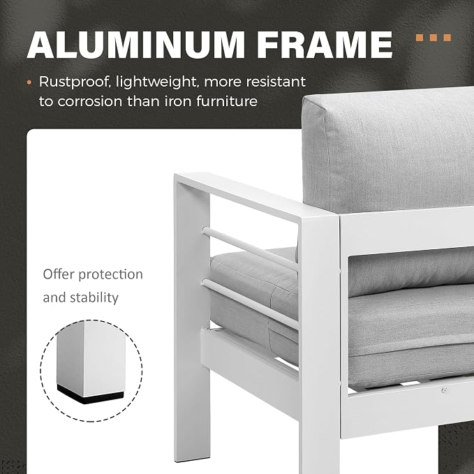 Solaste Aluminum Patio Furniture Set, Metal Patio Sectional Sofa with 2 Ottomans and Imitation Wood Tabletop Dining Table, Modern Outdoor Furniture Couch with Water-Resistant Cushion, White